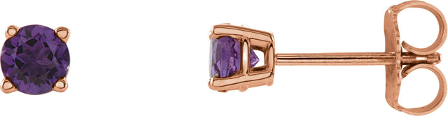 14K Gold Natural Amethyst Round 4-Prong Lightweight Stud Earrings – 2.5-8mm Stones - Rose Gold