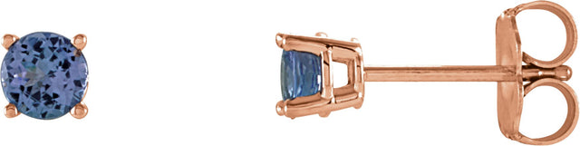 14K Gold Natural Tanzanite Round 4-Prong Lightweight Stud Earrings - Rose Gold