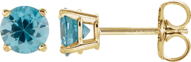 14K Gold Natural Blue Zircon Round 4-Prong Lightweight Stud Earrings - Yellow Gold