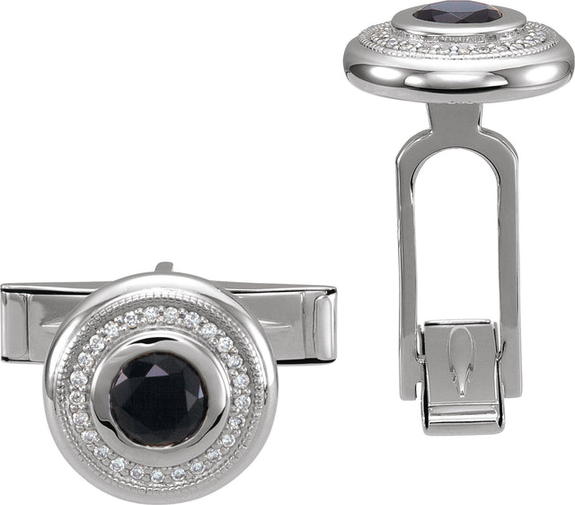 14K Gold Round Natural Black Onyx & Natural Diamond Accented Cuff Links - White Gold