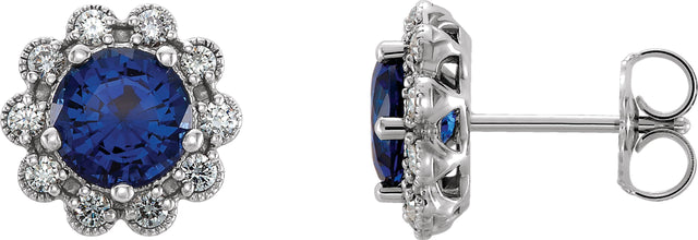 14K Gold Lab-Grown Blue Sapphire & Natural Diamond Round 4-Prong Halo-Style Earrings – 5-6.5mm Stones - White Gold