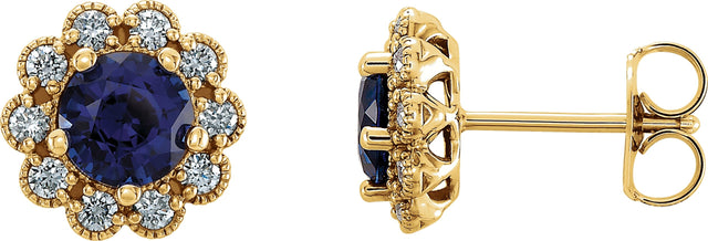 14K Gold Lab-Grown Blue Sapphire & Natural Diamond Round 4-Prong Halo-Style Earrings – 5-6.5mm Stones - Yellow Gold