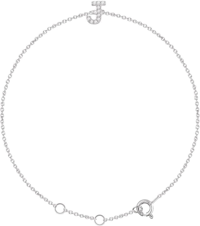 14K Gold Round Natural Diamond Initial Bracelet - White Gold