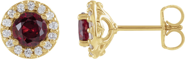 14K Gold Natural Ruby Round 4-Prong Halo-Style Earrings II - Yellow Gold