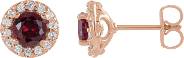 14K Gold Natural Ruby Round 4-Prong Halo-Style Earrings II - Rose Gold