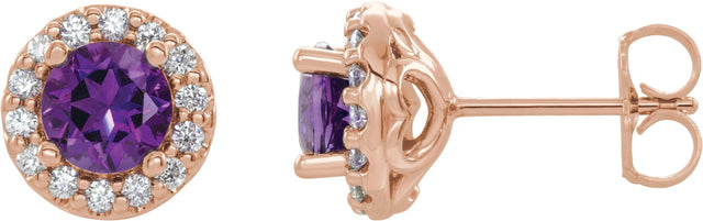 14K Gold Natural Amethyst Round 4-Prong Halo-Style Earrings – 3-8mm Stones - Rose Gold