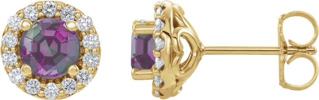 14K Gold Lab-Grown Alexandrite Round 4-Prong Halo-Style Earrings – 3-8mm Stones - Yellow Gold