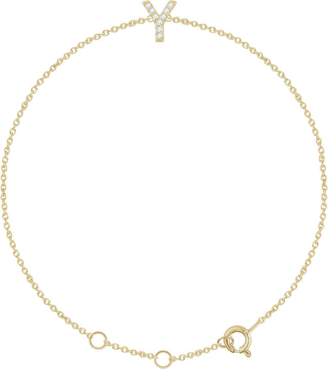 14K Gold Round Natural Diamond Initial Bracelet - Yellow Gold