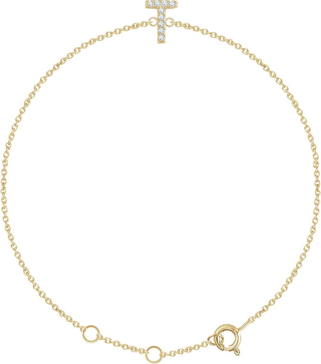 14K Gold Round Natural Diamond Initial Bracelet - Yellow Gold