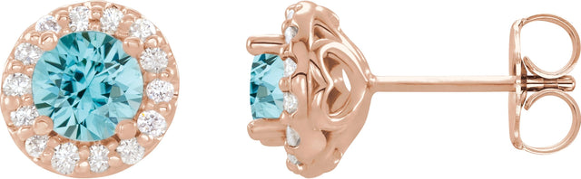 14K Gold Natural Blue Zircon Round 4-Prong Halo-Style Earrings II - Rose Gold