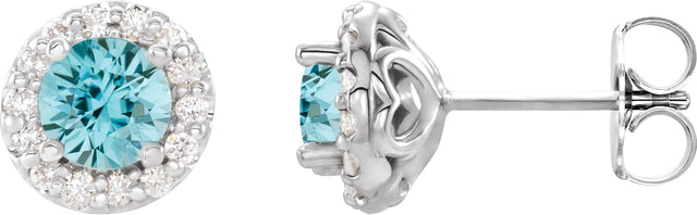 Platinum Natural Blue Zircon Round 4-Prong Halo-Style Earrings II