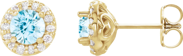 14K Gold Natural Aquamarine Round 4-Prong Halo-Style Earrings – 3-6.5mm Stones - Yellow Gold
