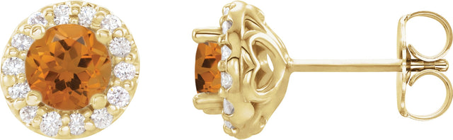 14K Gold Natural Citrine Round 4-Prong Halo-Style Earrings – 3-8mm Stones - Yellow Gold