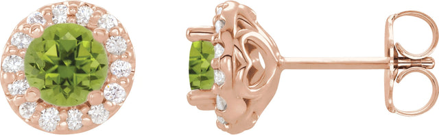 14K Gold Natural Peridot Round 4-Prong Halo-Style Earrings – 3-8mm Stones - Rose Gold