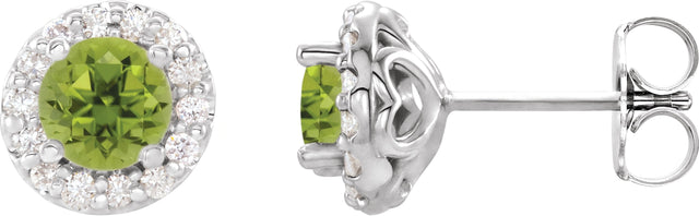 14K Gold Natural Peridot Round 4-Prong Halo-Style Earrings – 3-8mm Stones - White Gold