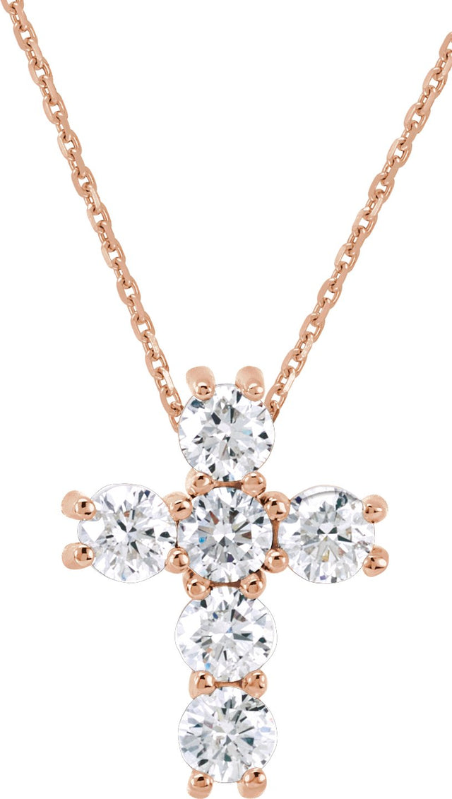 14K Gold Round Lab-Grown Diamond Cross Necklace or Pendant – up to 9/10 CTW - Rose Gold