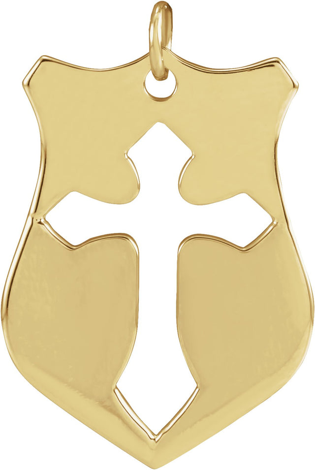 14K Gold Pierced Cross Shield Necklace or Pendant - Yellow Gold