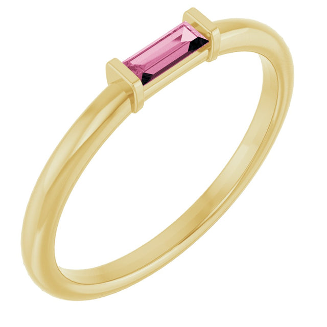 14K Gold Natural Pink Tourmaline Birthstone Stackable Ring – 4x2 mm Straight Baguette - Yellow Gold