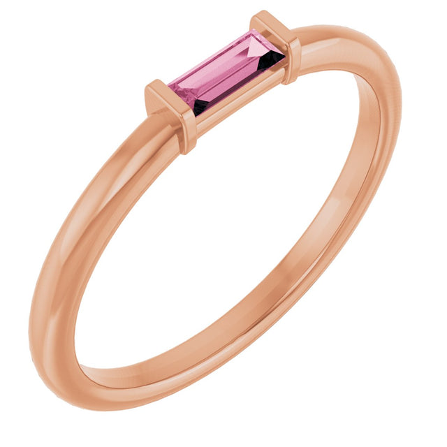 14K Gold Natural Pink Tourmaline Birthstone Stackable Ring – 4x2 mm Straight Baguette - Rose Gold