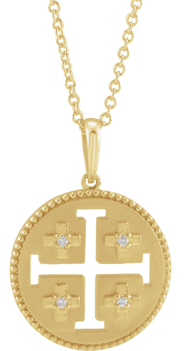 14K Gold Round Natural Diamond Jerusalem Cross Necklace or Pendant - Yellow Gold