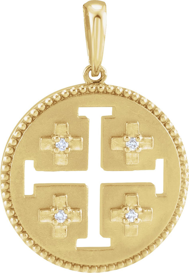 14K Gold Round Natural Diamond Jerusalem Cross Necklace or Pendant - Yellow Gold
