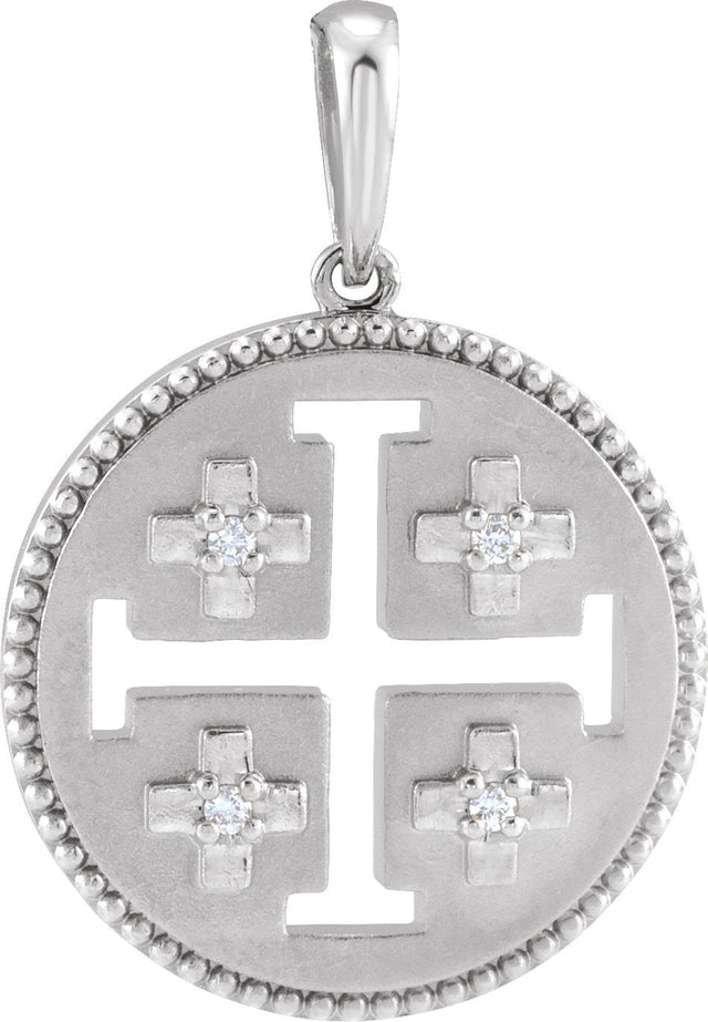 14K Gold Round Natural Diamond Jerusalem Cross Necklace or Pendant - White Gold