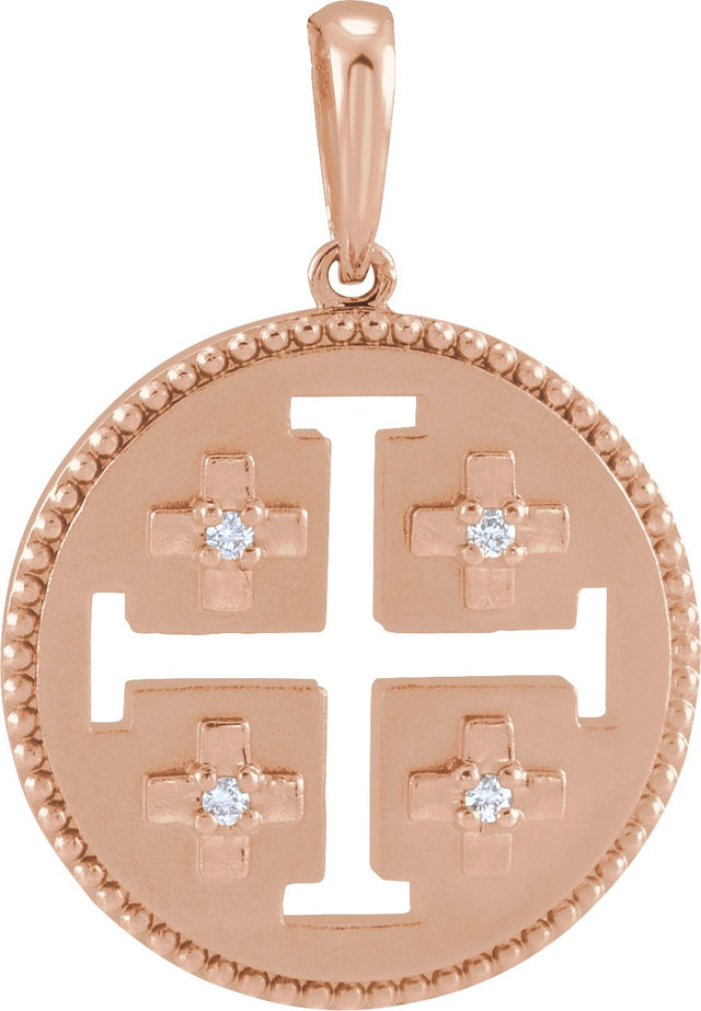 14K Gold Round Natural Diamond Jerusalem Cross Necklace or Pendant - Rose Gold