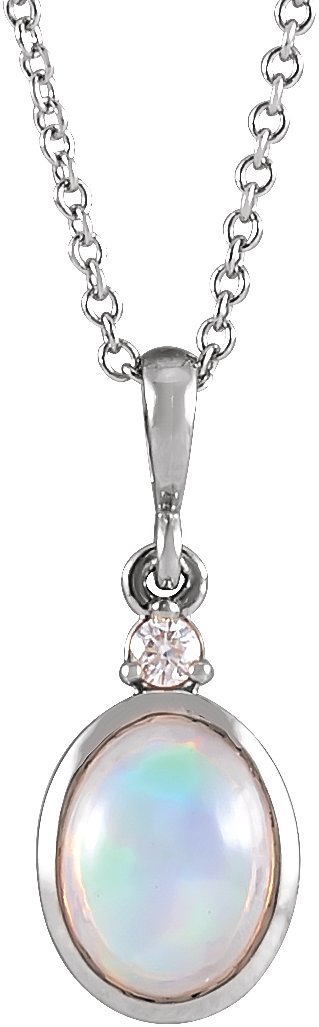 Platinum Oval Natural Ethiopian Opal & Natural Diamond Cabochon Bezel-Set Necklace or Pendant – 6x4mm