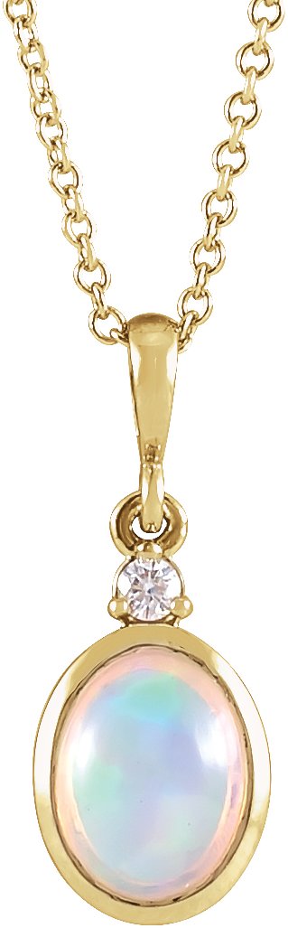 14K Gold Oval Natural Ethiopian Opal & Natural Diamond Cabochon Bezel-Set Necklace or Pendant – 8x6mm - Yellow Gold