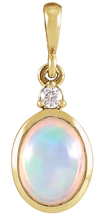 14K Gold Oval Natural Ethiopian Opal & Natural Diamond Cabochon Bezel-Set Necklace or Pendant – 8x6mm - Yellow Gold