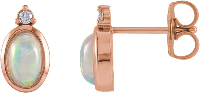 14K Gold Oval Natural Ethiopian Opal & Natural Diamond Cabochon Bezel-Set Earrings - Rose Gold