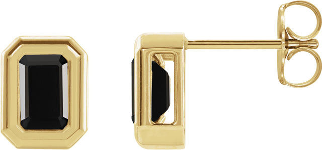 14K Gold Natural Black Onyx Emerald Solitaire Earrings - Yellow Gold