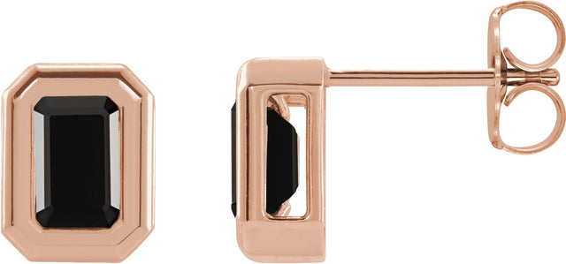 14K Gold Natural Black Onyx Emerald Solitaire Earrings - Rose Gold