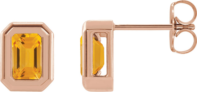 14K Gold Natural Citrine Emerald Solitaire Earrings - Rose Gold