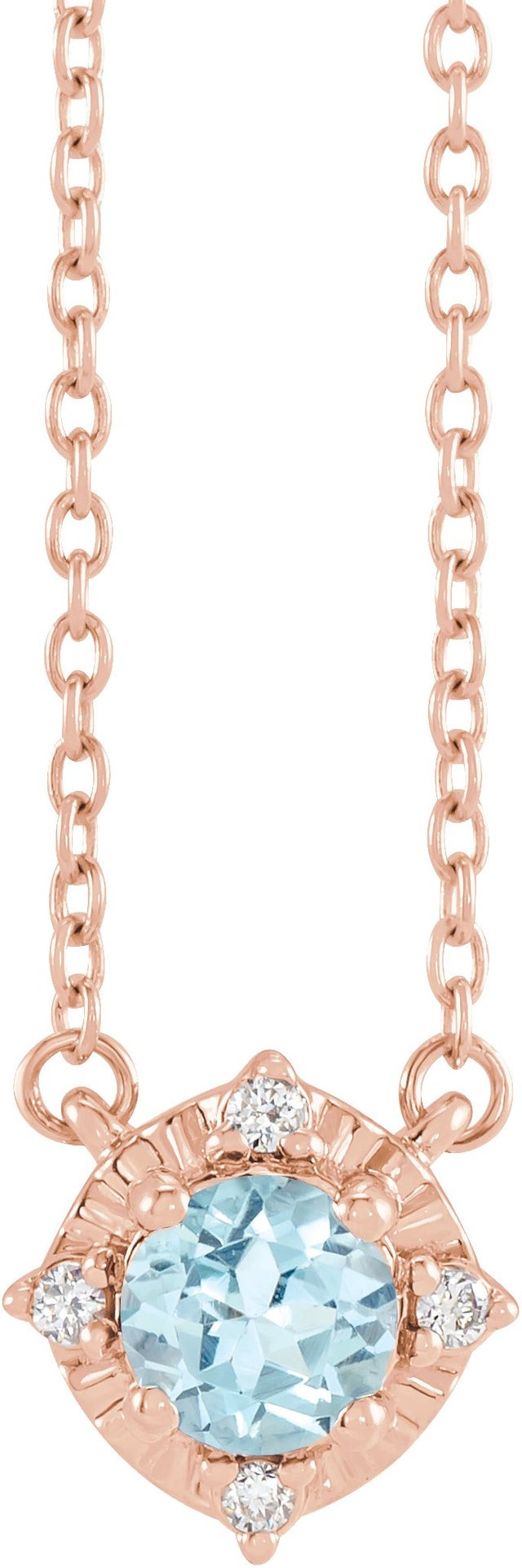 14K Gold Round Natural Sky Blue Topaz & Natural Diamond Birthstone Halo-Style Necklace - Rose Gold