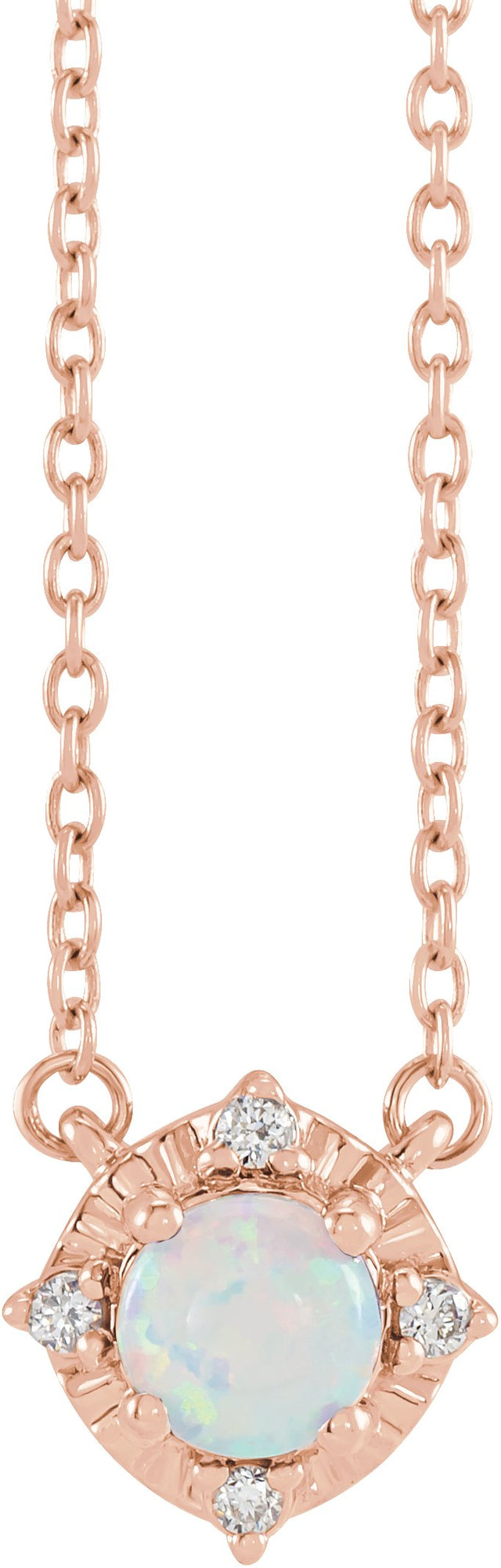14K Gold Round Lab-Grown White Opal & Natural Diamond Birthstone Halo-Style Necklace - Rose Gold