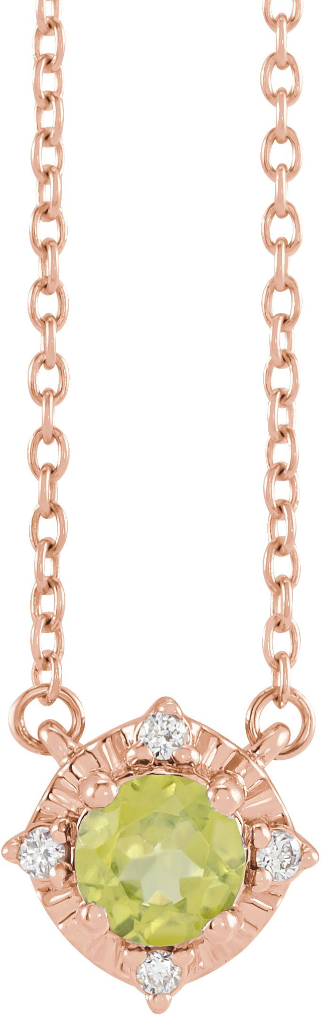 14K Gold Round Natural Peridot & Natural Diamond Birthstone Halo-Style Necklace - Rose Gold