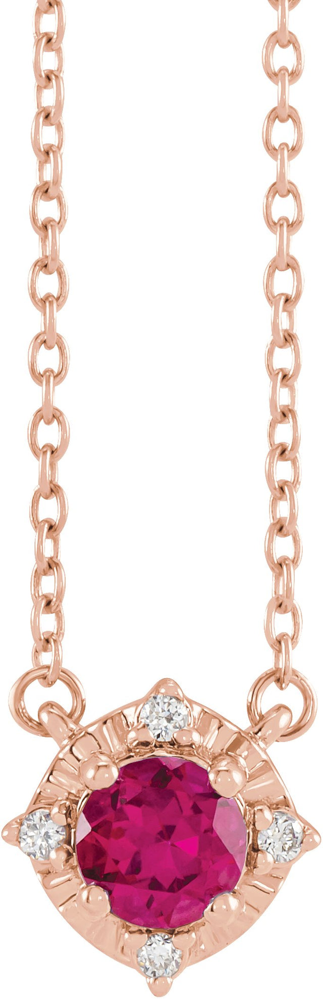 14K Gold Round Lab-Grown Ruby & Natural Diamond Birthstone Halo-Style Necklace - Rose Gold