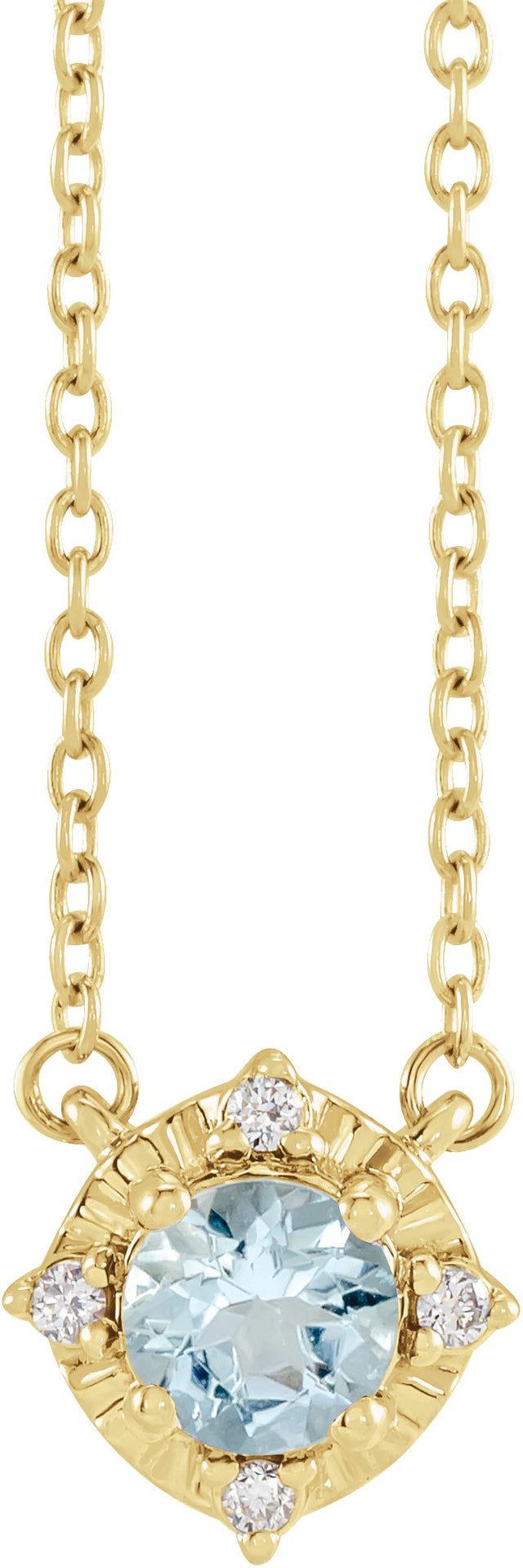 14K Gold Round Natural Aquamarine & Natural Diamond Birthstone Halo-Style Necklace - Yellow Gold