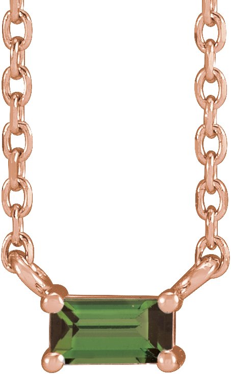 14K Gold Straight Baguette Natural Green Tourmaline Solitaire Necklace - Rose Gold