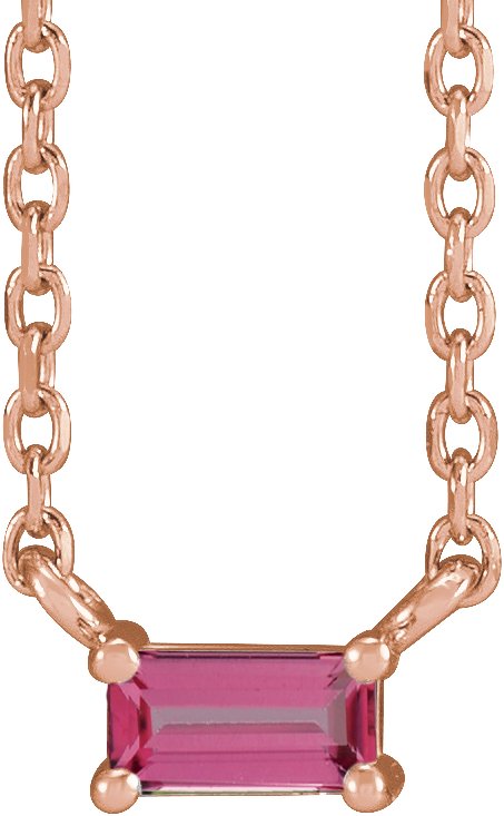 14K Gold Straight Baguette Natural Pink Tourmaline Solitaire Necklace - Rose Gold