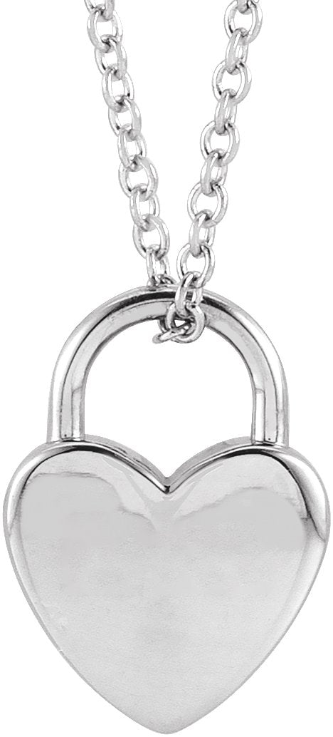 14K Gold Engravable Heart Lock Necklace or Pendant - White Gold