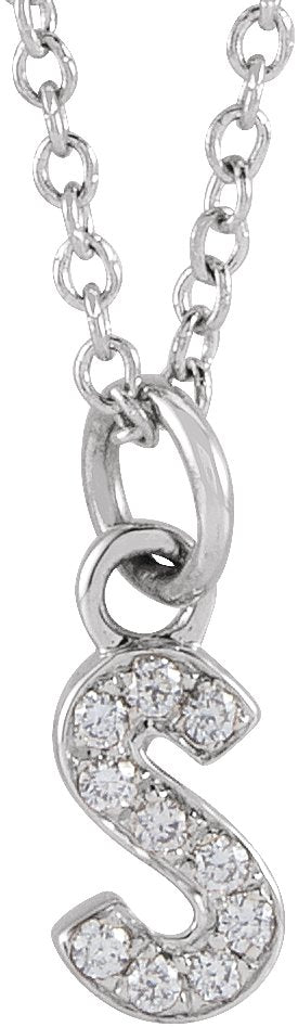 14K Gold Round Natural Diamond Petite Initial Necklace - White Gold