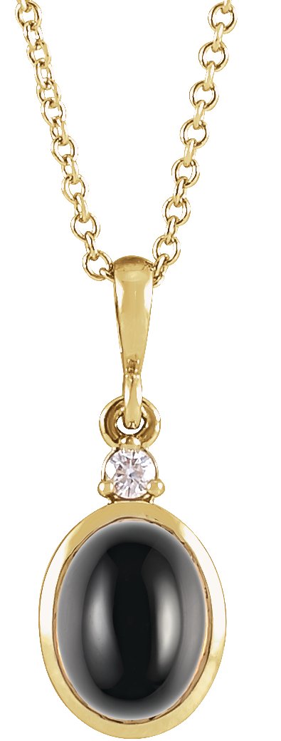 14K Gold Oval Natural Black Onyx & Natural Diamond Cabochon Bezel-Set Necklace or Pendant - Yellow Gold