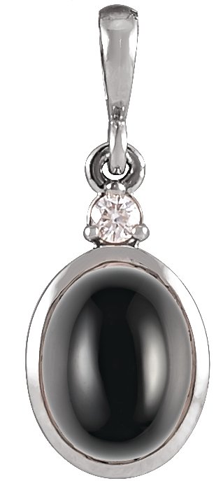 14K Gold Oval Natural Black Onyx & Natural Diamond Cabochon Bezel-Set Necklace or Pendant - White Gold