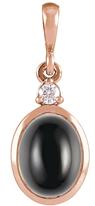 14K Gold Oval Natural Black Onyx & Natural Diamond Cabochon Bezel-Set Necklace or Pendant - Rose Gold