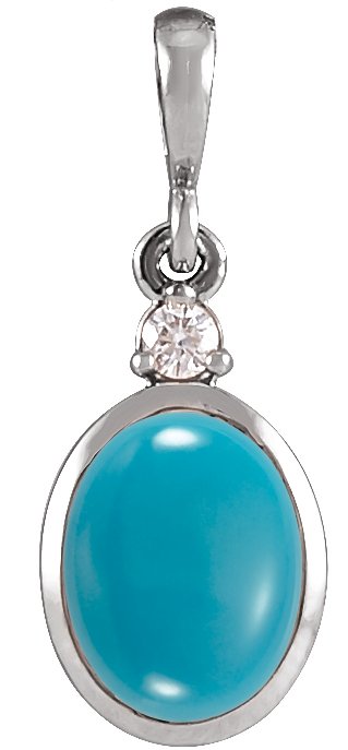 Platinum Oval Natural Turquoise & Natural Diamond Cabochon Bezel-Set Necklace or Pendant
