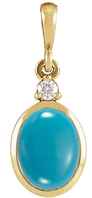 14K Gold Oval Natural Turquoise & Natural Diamond Cabochon Bezel-Set Necklace or Pendant - Yellow Gold