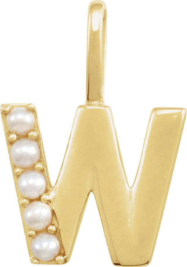 14K Gold Cultured White Freshwater Pearl Initial W Pearl Pendant - Yellow Gold