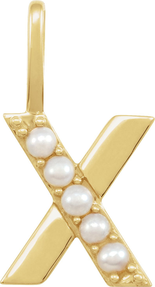 14K Gold Cultured White Freshwater Pearl Initial X Pearl Pendant - Yellow Gold